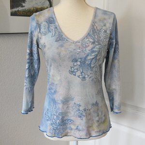 xcit U.S.A. Blue Lavender Yellow Multi-Color Cotton 3/4 Sleeve Sparkly Top S